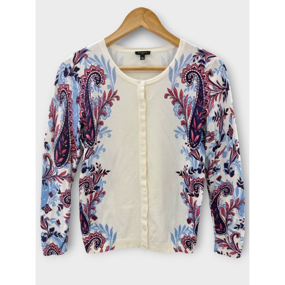 Talbots Cotton Cardigan White Paisley Button Front PM Cottagecore Teacher Preppy